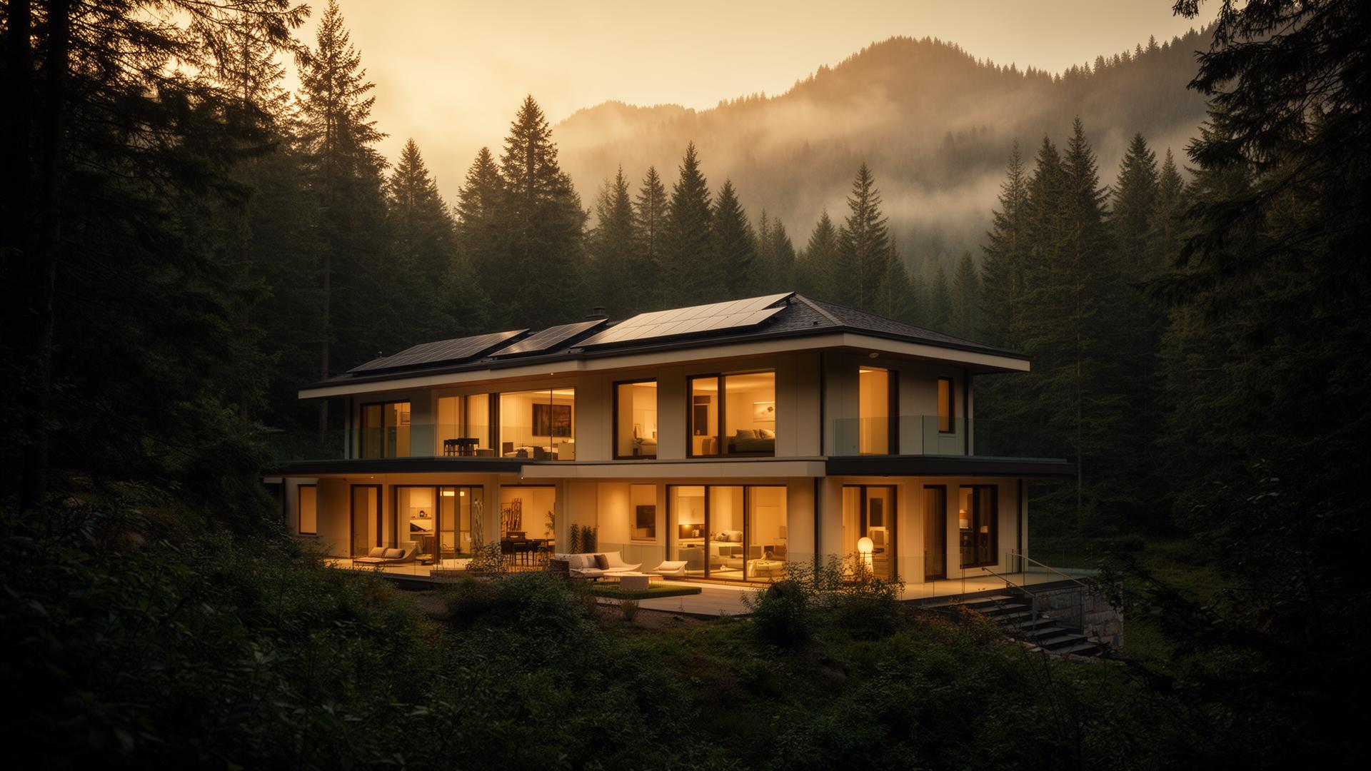 Modern energy-efficient home nestled in evergreen forest at golden hour